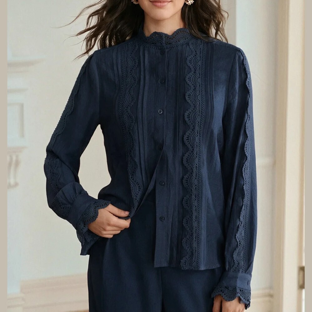 Navy Blue Crochet Lace Trim Pintuck Stand Collar Button Front Blouse